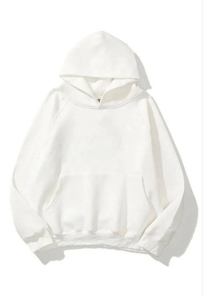 Kadın Kapüşonlu Kanguru Cepli 3 İplik Pamuklu Düz Hoodie Sweatshirt - Beyaz