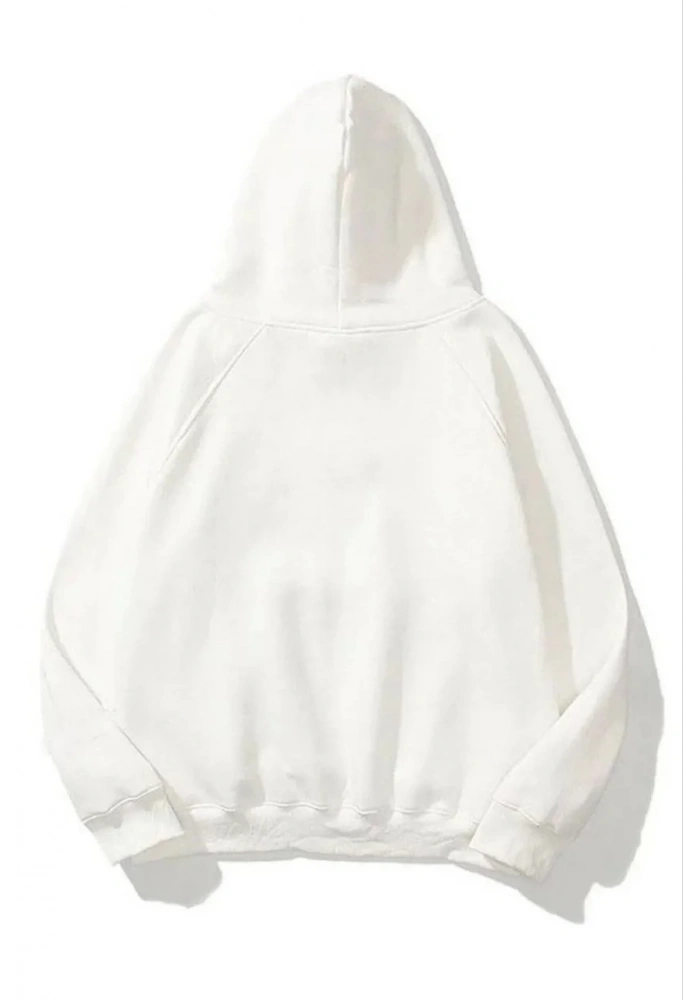 Kadın Kapüşonlu Kanguru Cepli 3 İplik Pamuklu Düz Hoodie Sweatshirt - Beyaz