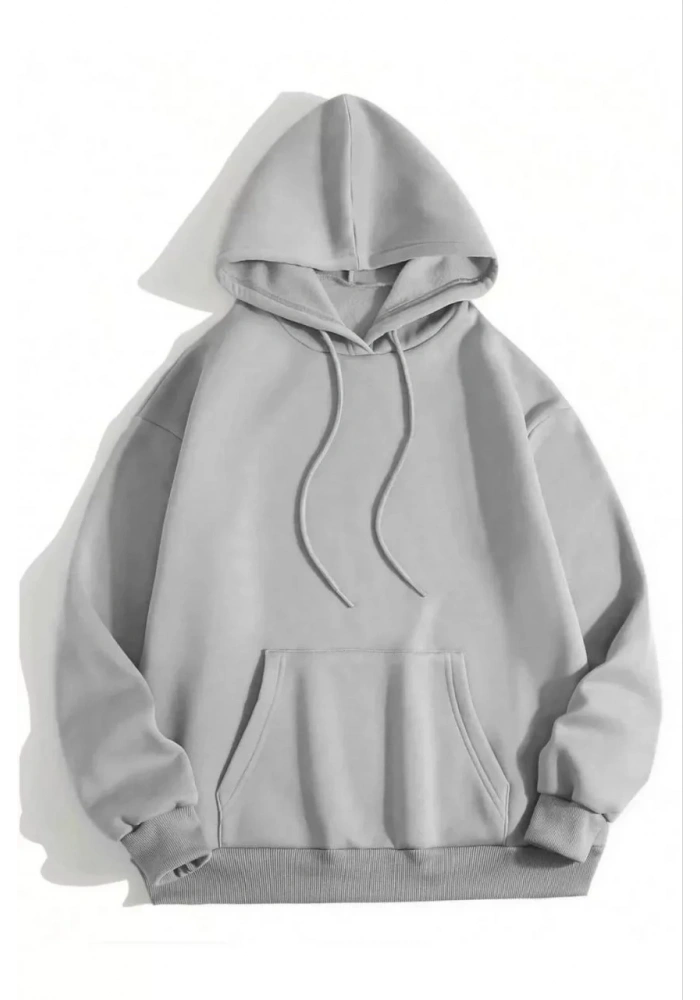 Kadın Kapüşonlu Kanguru Cepli 3 İplik Pamuklu Düz Hoodie Sweatshirt - Gri