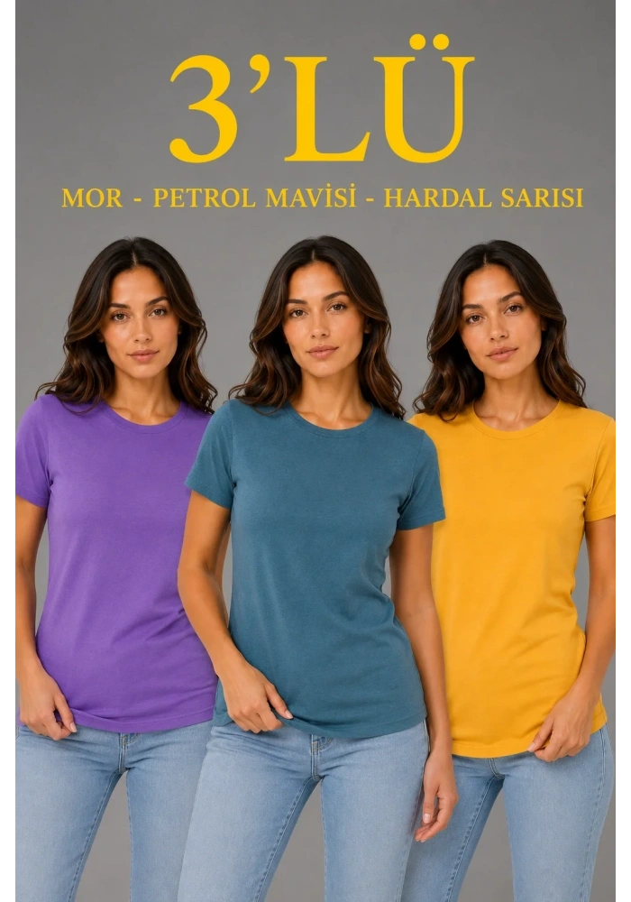 Kadın 3’lü Kısa Kollu Bisiklet Yaka Basic Slim Fit T-Shirt - Mor - Petrol Mavisi - Hardal