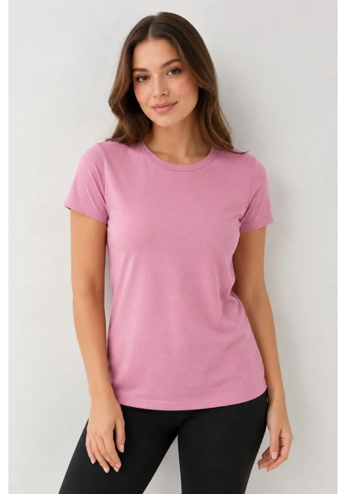 Kadın 3’lü Kısa Kollu Bisiklet Yaka Basic Slim Fit T-Shirt - Pudra Pembe - Mor - Bej