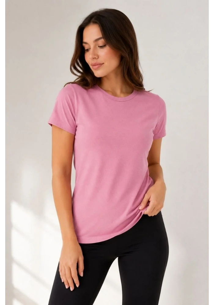 Kadın 3’lü Kısa Kollu Bisiklet Yaka Basic Slim Fit T-Shirt - Pudra Pembe - Mor - Bej