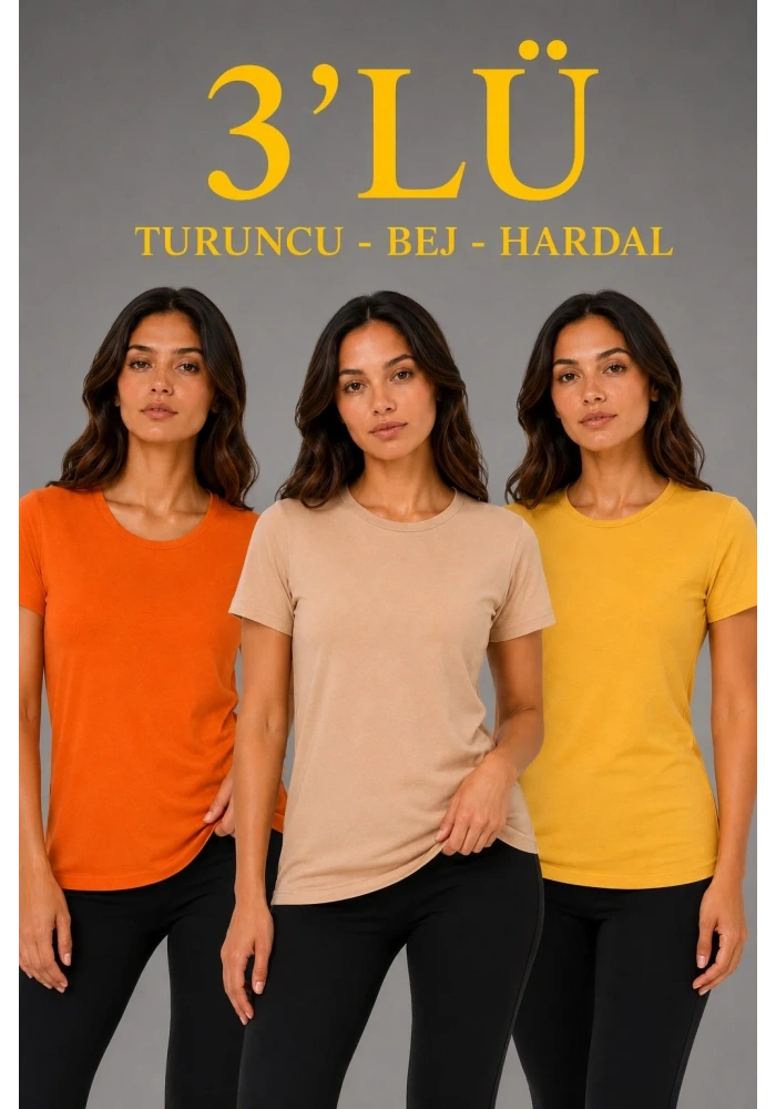 Kadın 3’lü Kısa Kollu Bisiklet Yaka Basic Slim Fit T-Shirt - Turuncu - Bej - Hardal