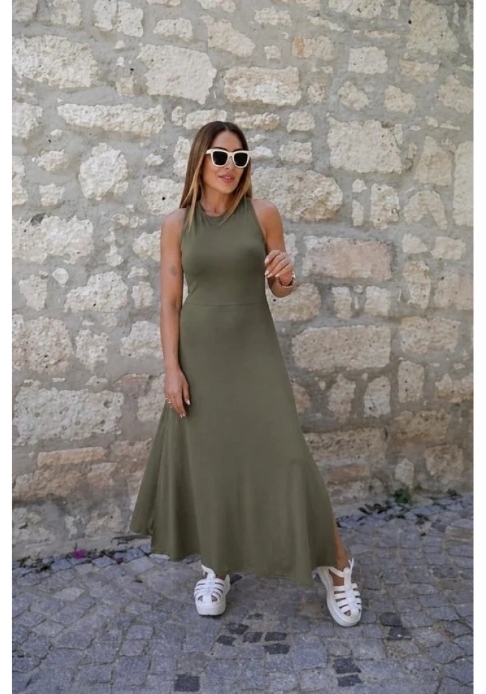 Kadın Arkadan çapraz Detay Yuvarlak Yaka Maksi Viskon Elbise