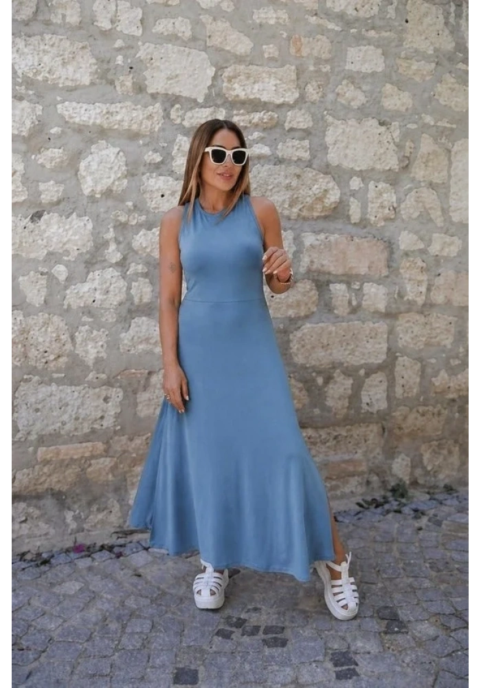 Kadın Arkadan çapraz Detay Yuvarlak Yaka Maksi Viskon Elbise