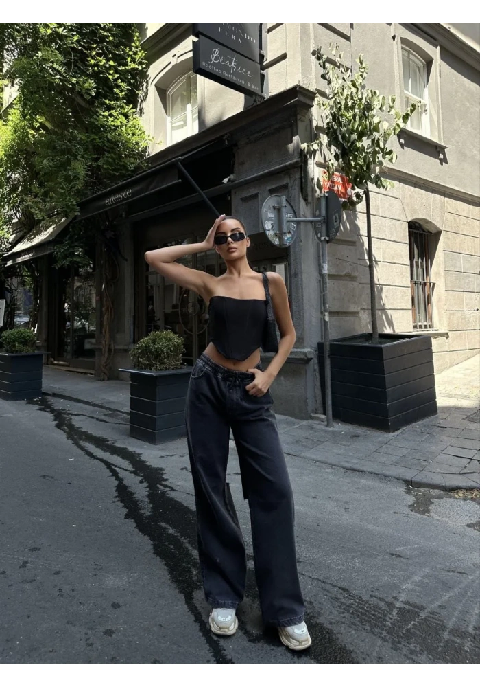 Kadın Arkadan Yırtmaçlı Jeans Kot Palazzo Pantolon - Siyah