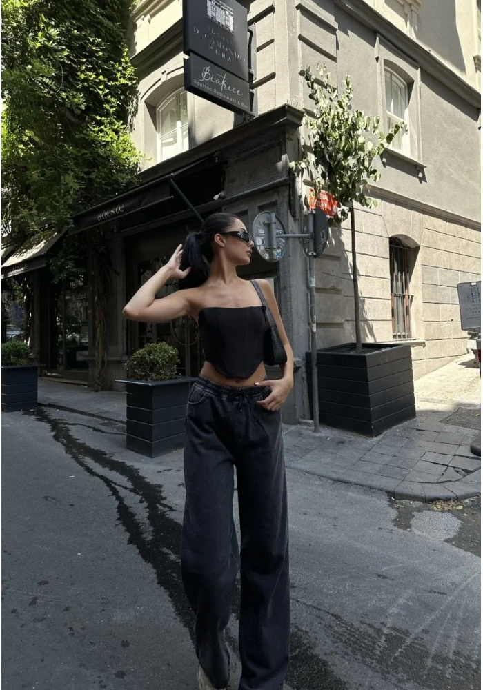 Kadın Arkadan Yırtmaçlı Jeans Kot Palazzo Pantolon - Siyah