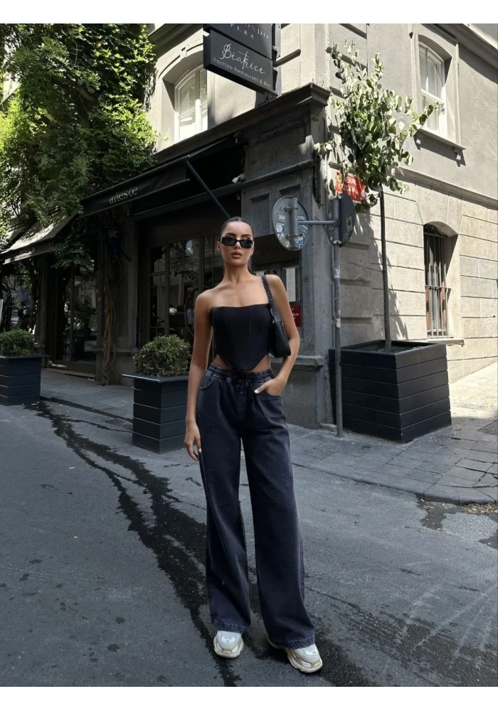 Kadın Arkadan Yırtmaçlı Jeans Kot Palazzo Pantolon - Siyah
