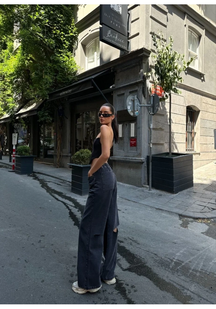Kadın Arkadan Yırtmaçlı Jeans Kot Palazzo Pantolon - Siyah