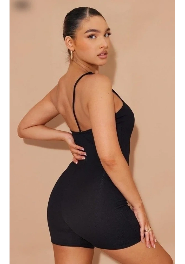 Kadın Asimetrik Askılı Mini Kaşkorse Bodycon Tulum