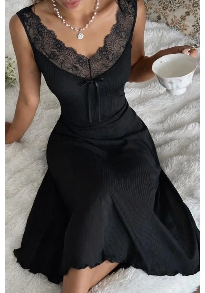 Kadın Askılı Dantel Yakalı Uzun Kalın Fitilli Kaşkorse Gecelik