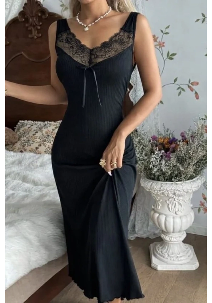 Kadın Askılı Dantel Yakalı Uzun Kalın Fitilli Kaşkorse Gecelik