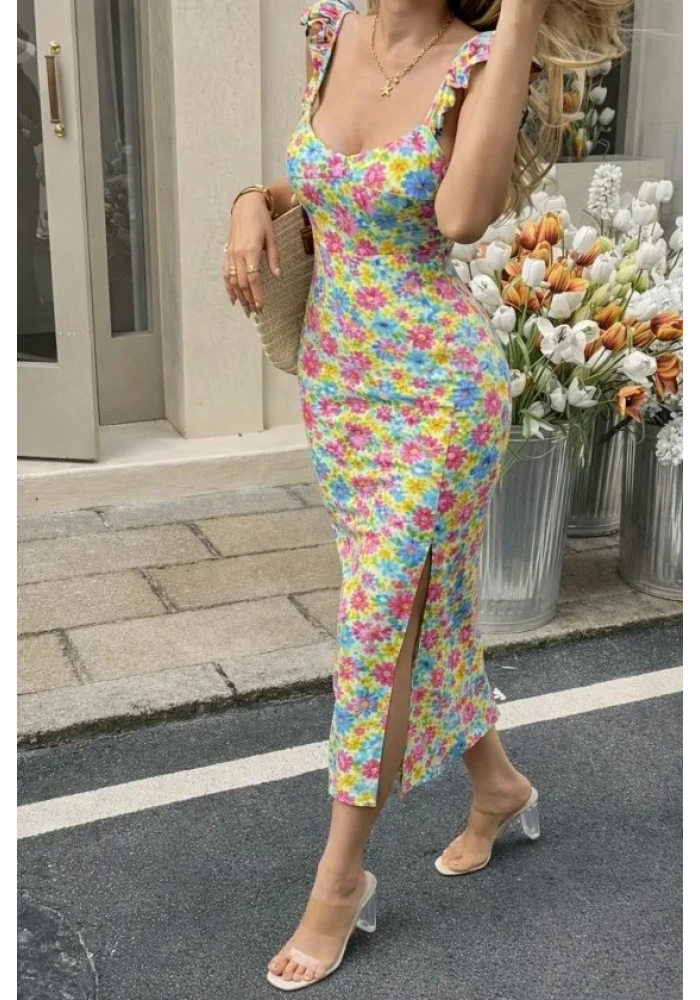 Kadın Askılı Göğüs Dekolteli Yırtmaçlı Desenli Midi Dalgıç Elbise