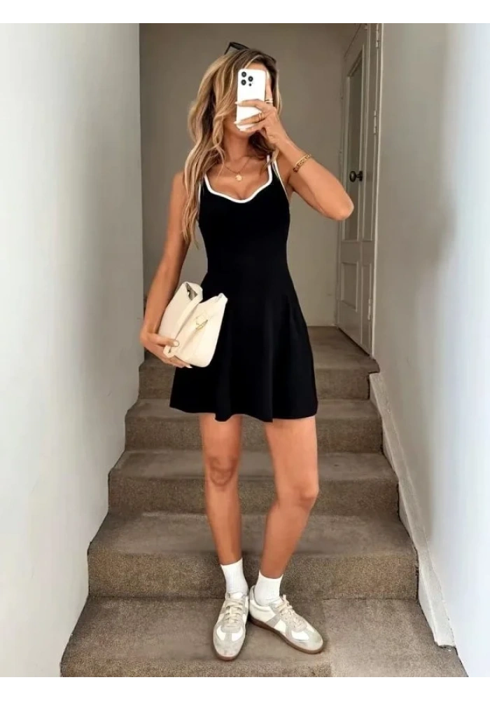Kadın Askılı Kalp Yakalı şerit Detaylı Dalgıç Kısa Elbise