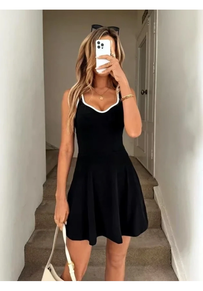 Kadın Askılı Kalp Yakalı şerit Detaylı Dalgıç Kısa Elbise
