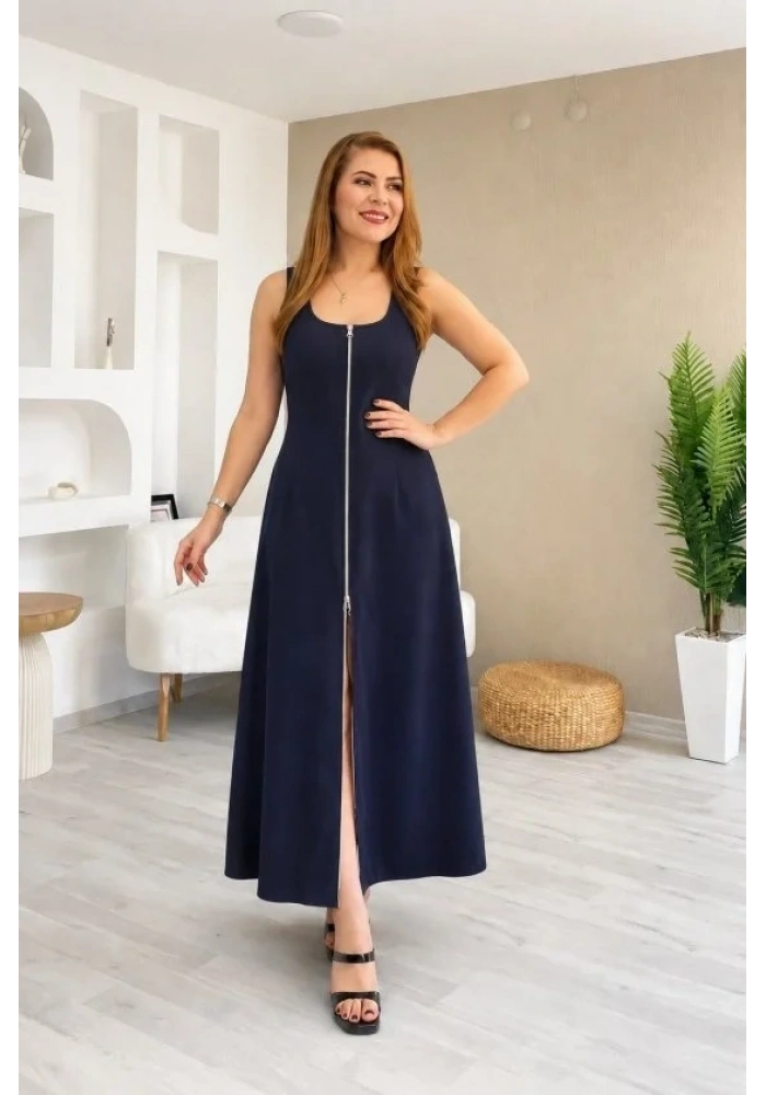 Kadın Askılı Kare Yaka önden Fermuarlı Geniş Kesim Janjan Krep Elbise