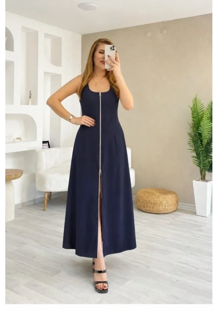 Kadın Askılı Kare Yaka önden Fermuarlı Geniş Kesim Janjan Krep Elbise