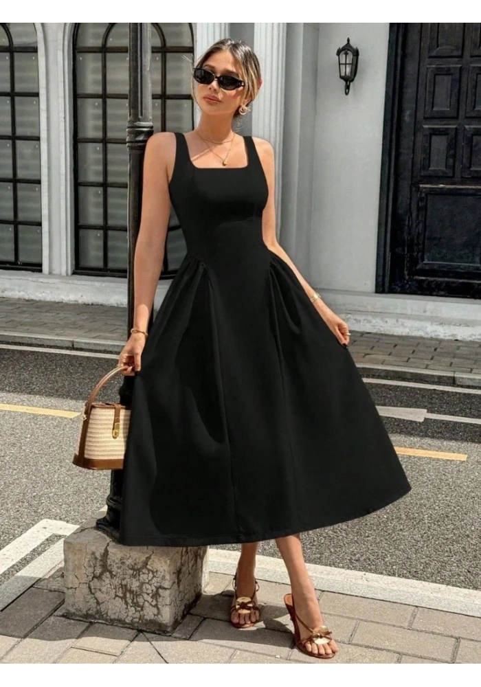 Kadın Askılı Kare Yakalı Uzun Ithal Krep Elbise