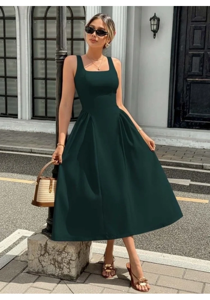 Kadın Askılı Kare Yakalı Uzun Ithal Krep Elbise