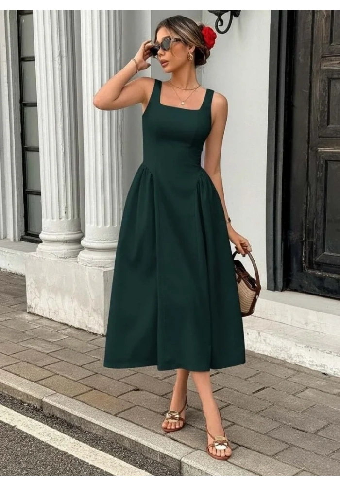 Kadın Askılı Kare Yakalı Uzun Ithal Krep Elbise