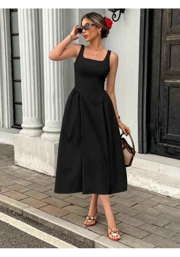 Kadın Askılı Kare Yakalı Uzun Ithal Krep Elbise