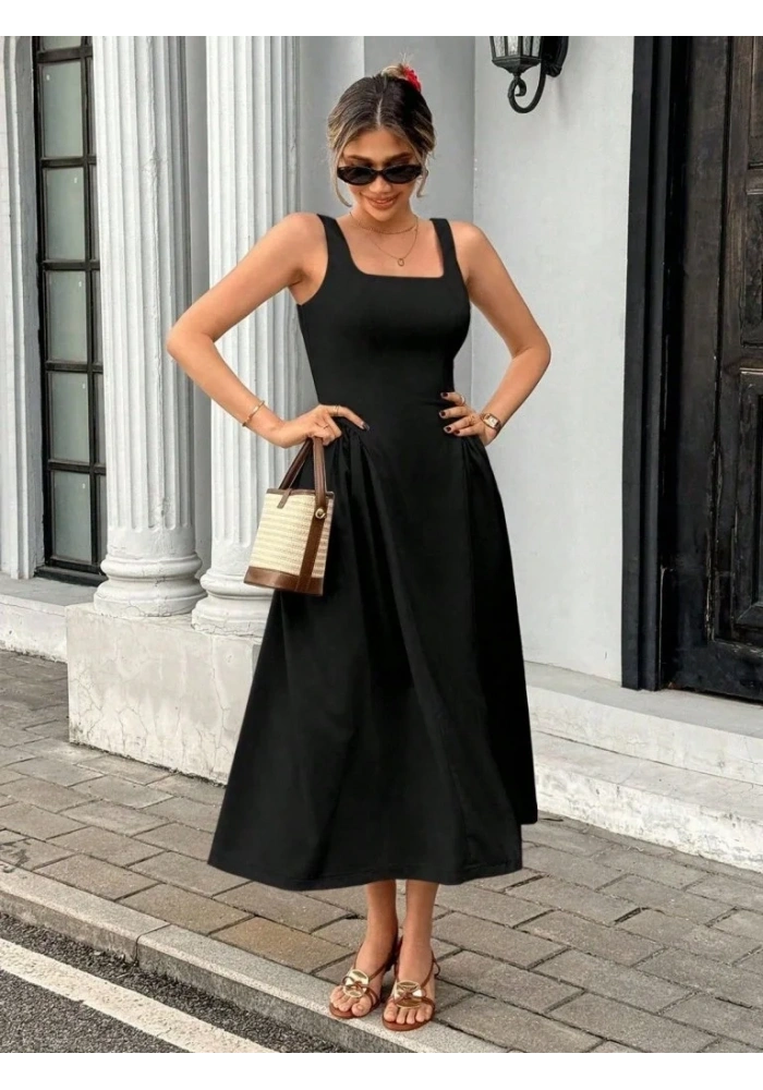 Kadın Askılı Kare Yakalı Uzun Ithal Krep Elbise