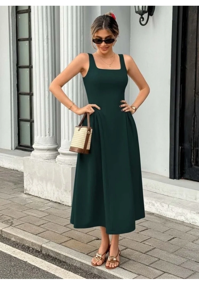 Kadın Askılı Kare Yakalı Uzun Ithal Krep Elbise