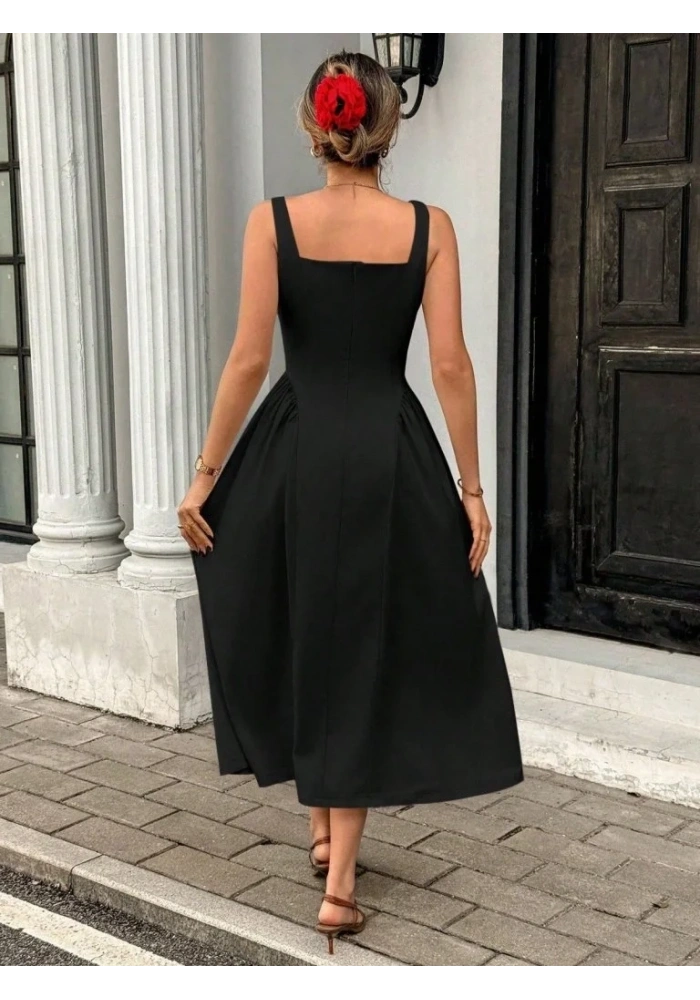 Kadın Askılı Kare Yakalı Uzun Ithal Krep Elbise