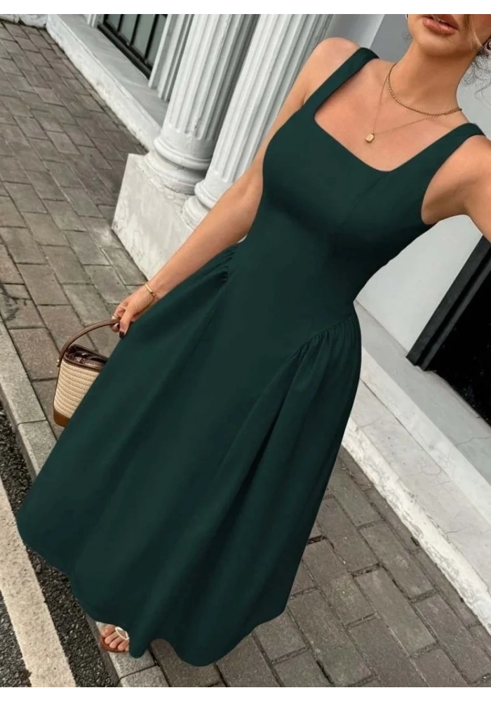 Kadın Askılı Kare Yakalı Uzun Ithal Krep Elbise