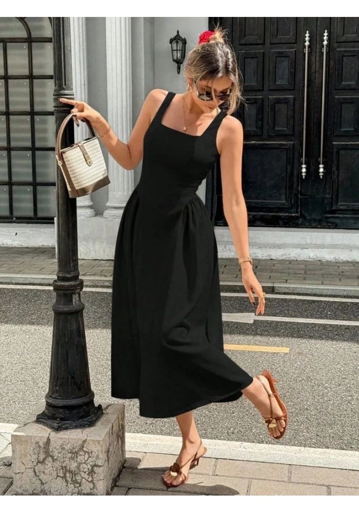 Kadın Askılı Kare Yakalı Uzun Ithal Krep Elbise