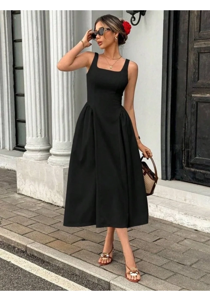 Kadın Askılı Kare Yakalı Uzun Ithal Krep Elbise