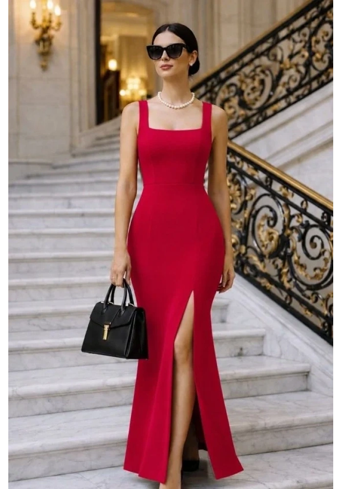 Kadın Askılı Kare Yakalı Yırtmaçlı Uzun Ithal Krep Elbise