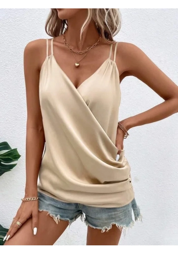 Kadın Askılı Kruvaze Yakalı Pile Detaylı Sandy Bluz