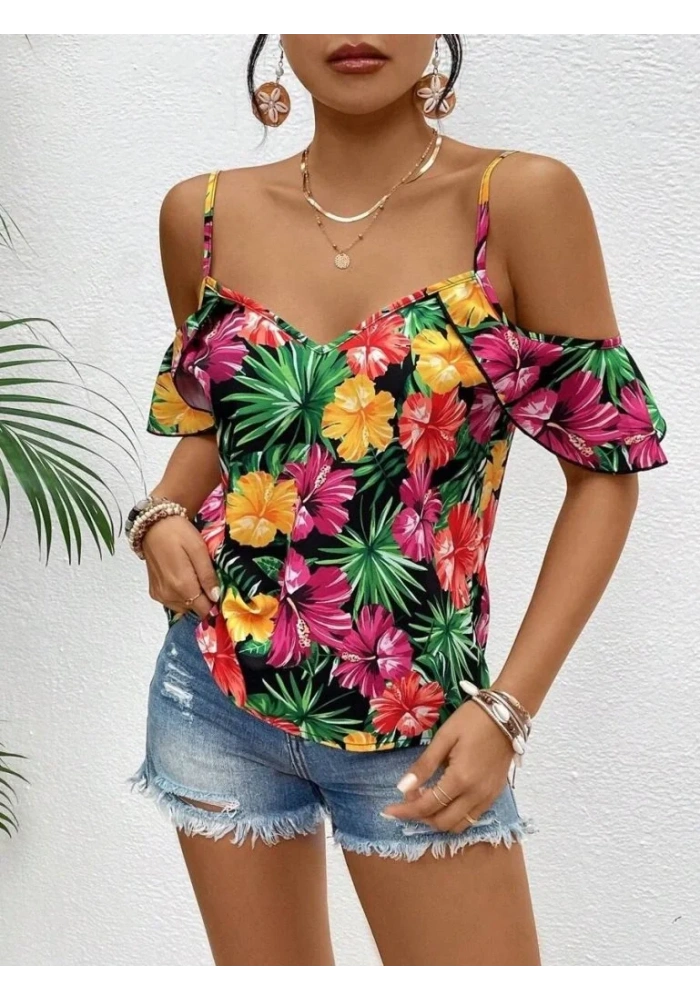 Kadın Askılı Omuzlardan Açık çiçek Baskılı Bluz