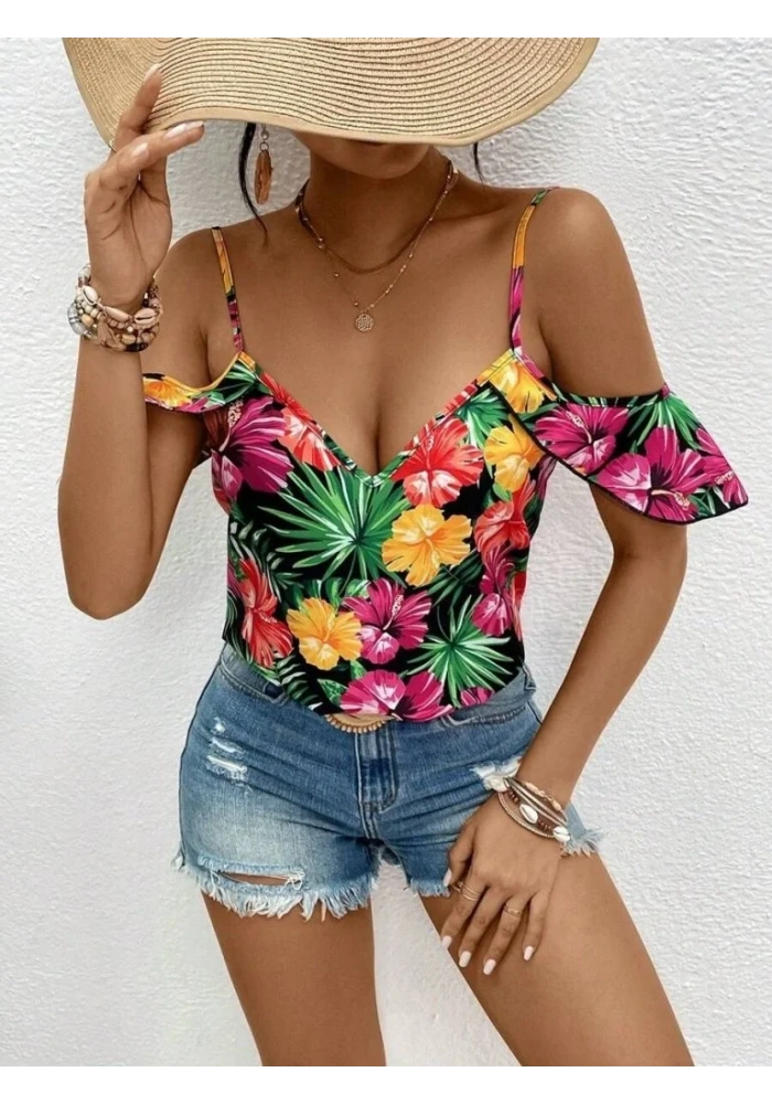 Kadın Askılı Omuzlardan Açık çiçek Baskılı Bluz