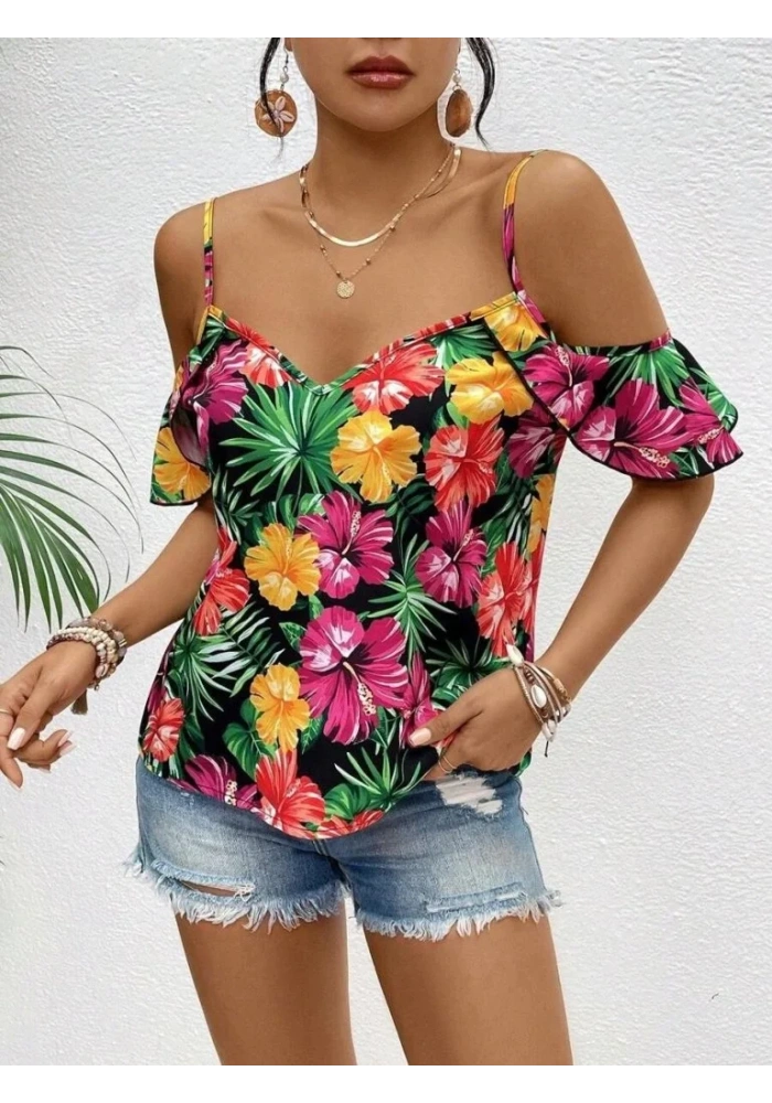Kadın Askılı Omuzlardan Açık çiçek Baskılı Bluz