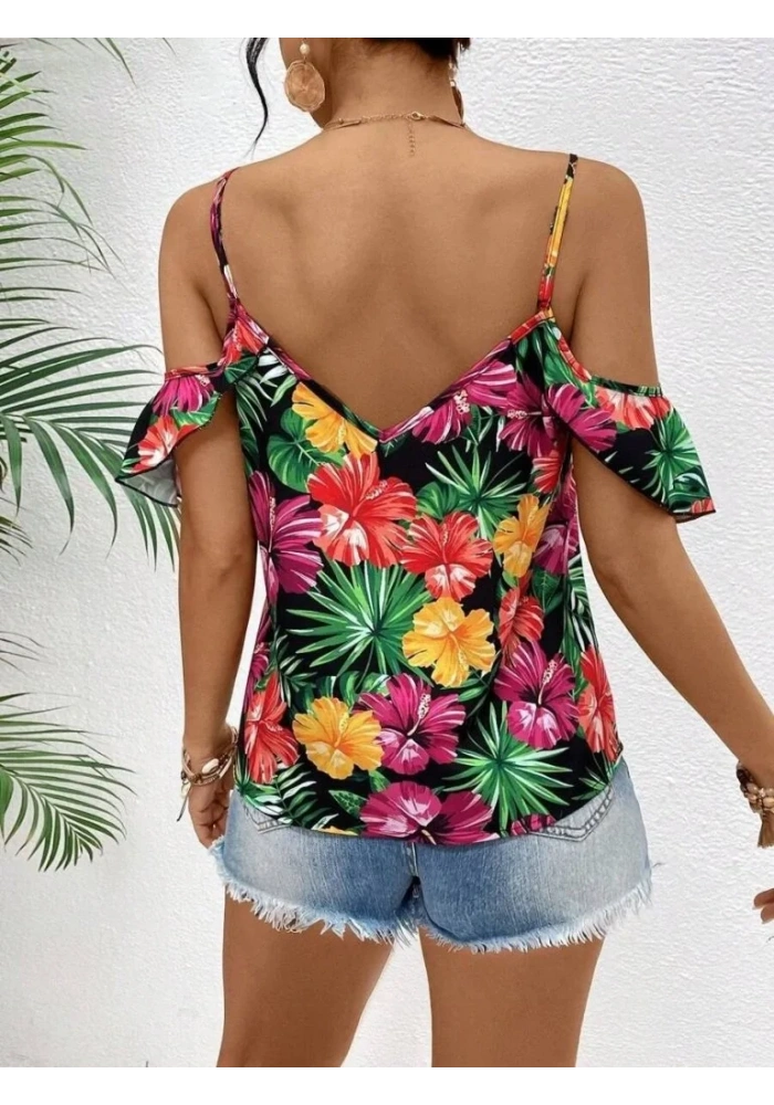 Kadın Askılı Omuzlardan Açık çiçek Baskılı Bluz