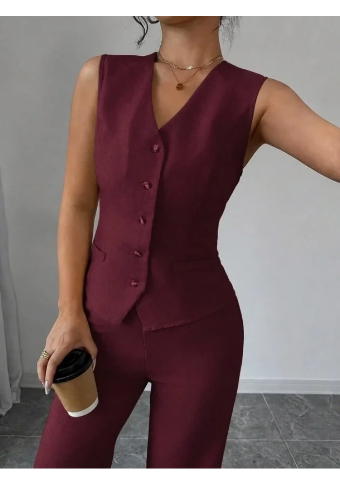 Kadın Askılı önden Düğmeli Bluz Ve Pantolon Keten Ikili Takım