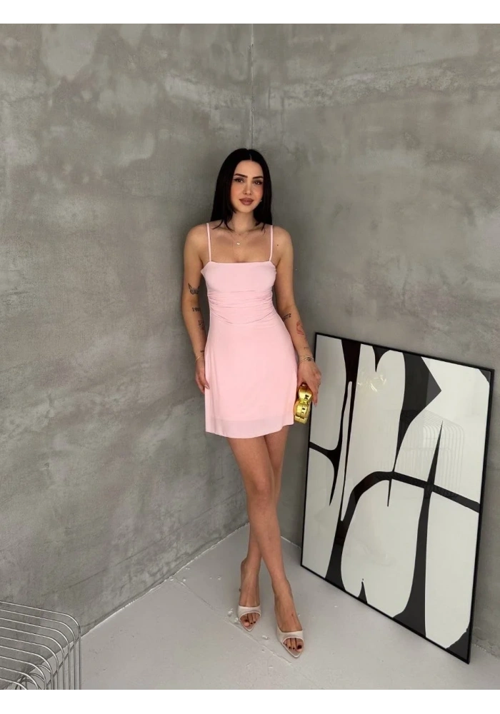 Kadın Askılı Şifon Mini Elbise Drapeli Bel Vücuda Oturan Yazlık Şık - Pembe