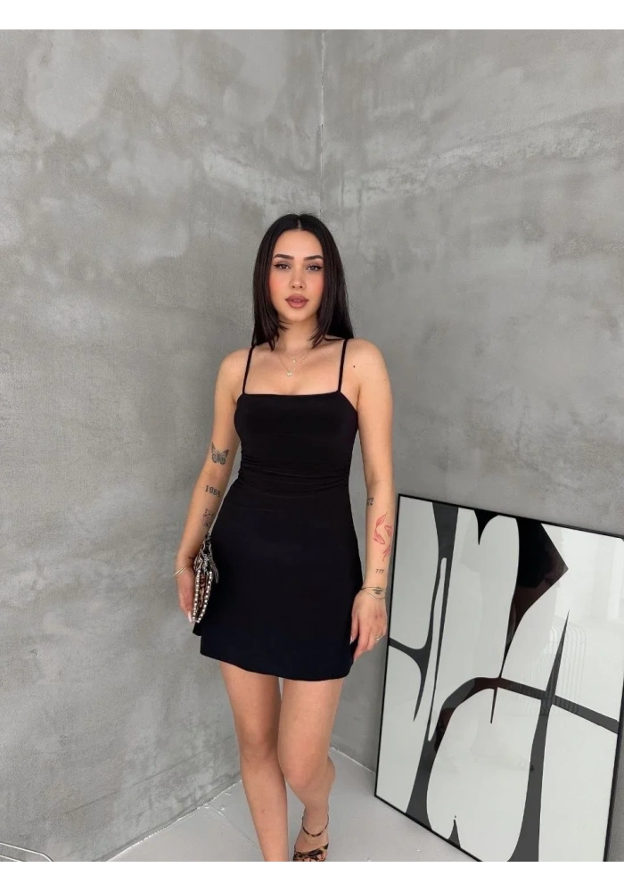 Kadın Askılı Şifon Mini Elbise Drapeli Bel Vücuda Oturan Yazlık Şık - Siyah