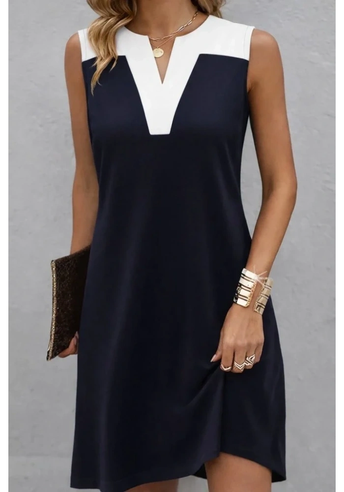 Kadın Askılı V Yakalı çift Renkli Kısa Viskon Iki Iplik Elbise