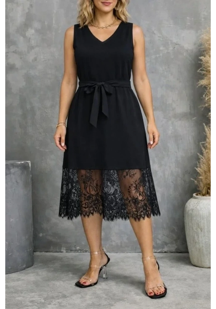Kadın Askılı V Yakalı Dantelli Midi Viskon Elbise