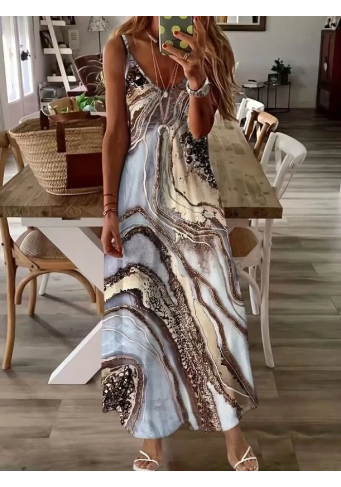 Kadın Askılı V Yakalı Desenlı Uzun Süprem Elbise