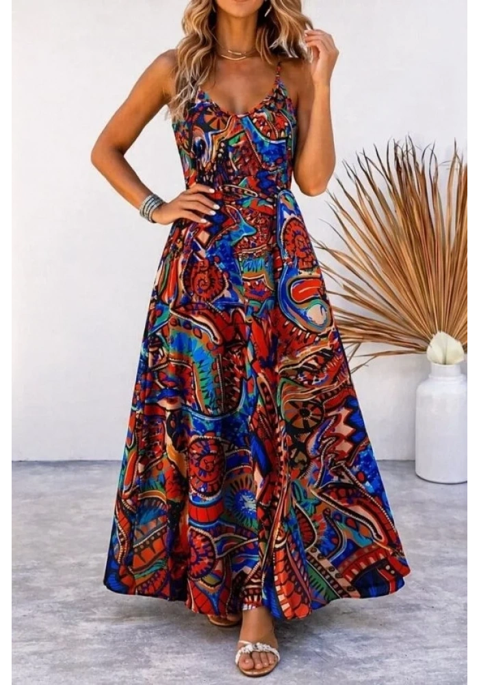 Kadın Askılı V Yakalı Desenli Uzun Süprem Elbise