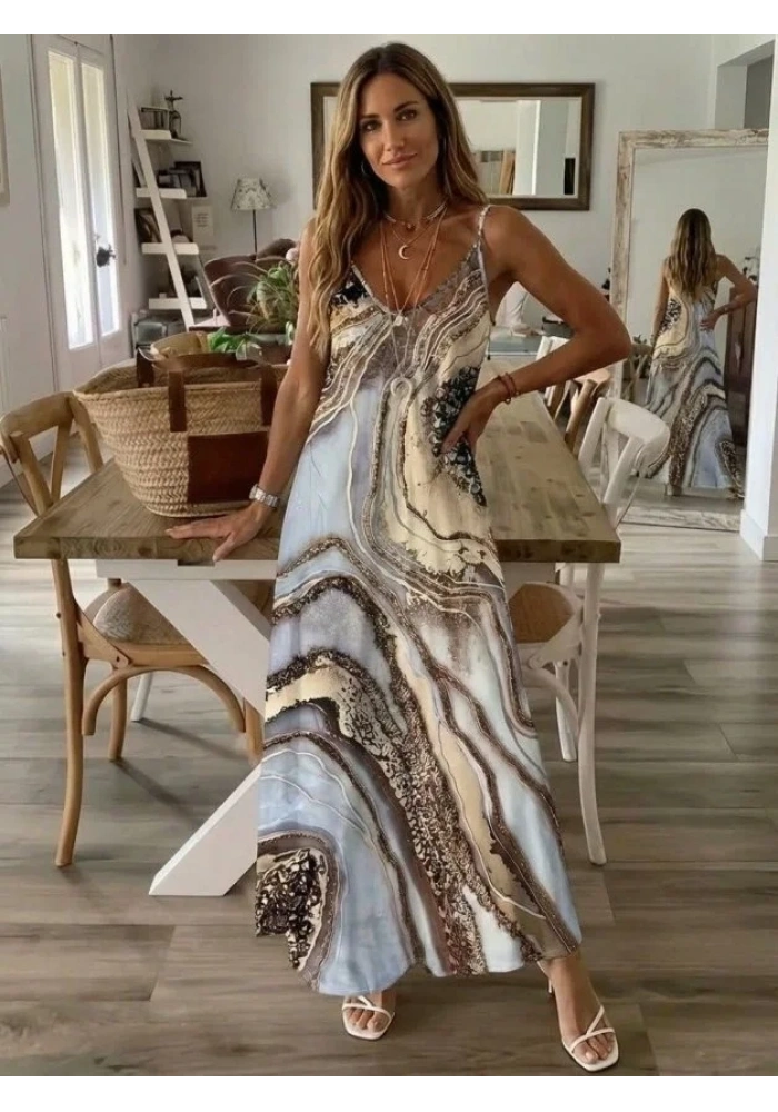 Kadın Askılı V Yakalı Desenlı Uzun Süprem Elbise