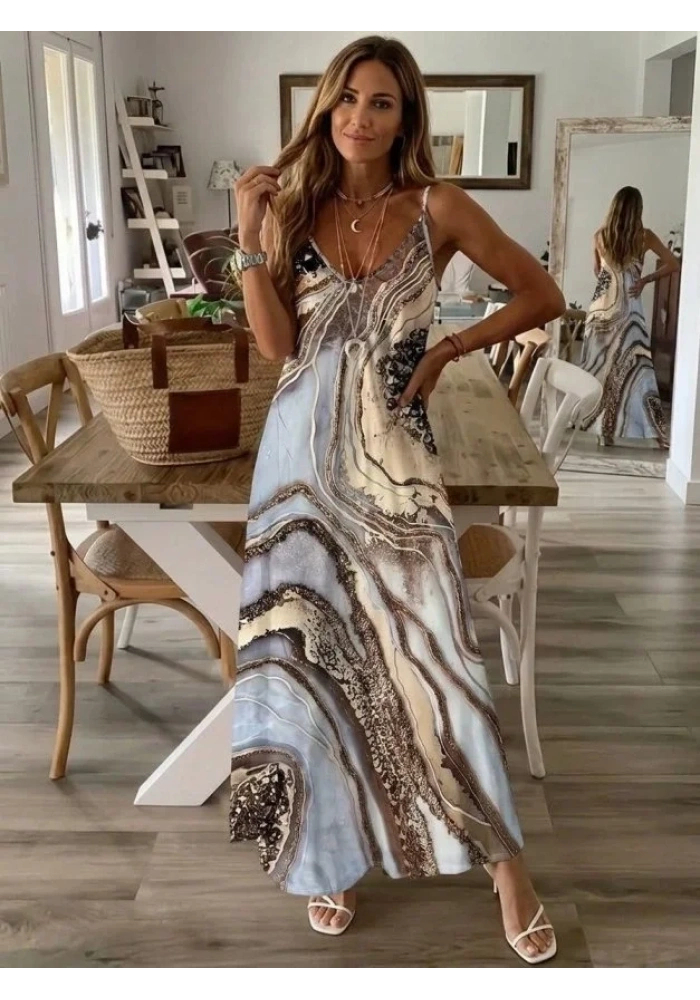 Kadın Askılı V Yakalı Desenlı Uzun Süprem Elbise