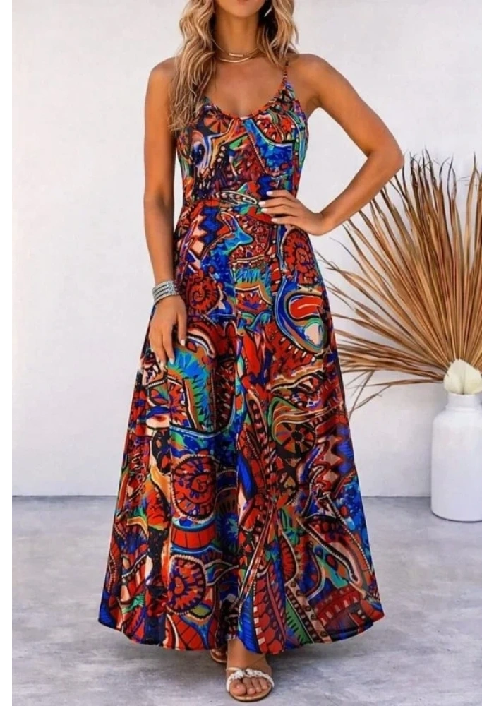 Kadın Askılı V Yakalı Desenli Uzun Süprem Elbise