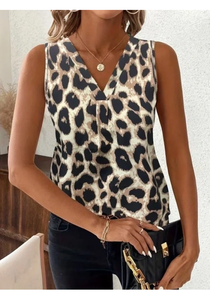 Kadın Askılı V Yakalı Leopar Desenli Süprem Bluz