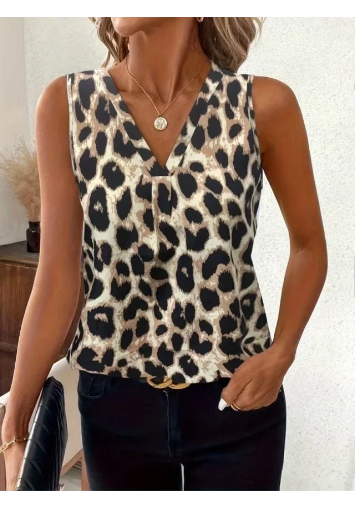 Kadın Askılı V Yakalı Leopar Desenli Süprem Bluz
