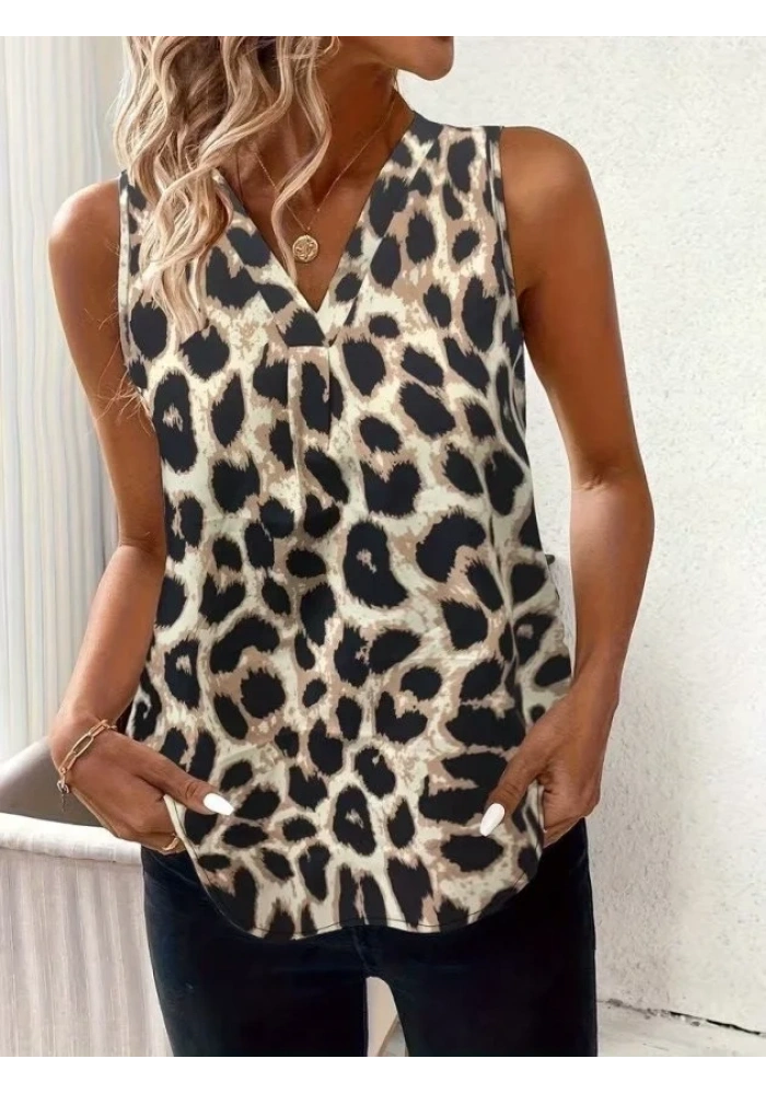 Kadın Askılı V Yakalı Leopar Desenli Süprem Bluz